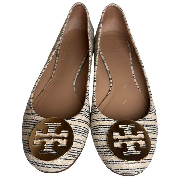 Tory Burch White Blue Striped Snake Leather Gold Logo Reva Ballet Flats Sz 11 M - Picture 10 of 15
